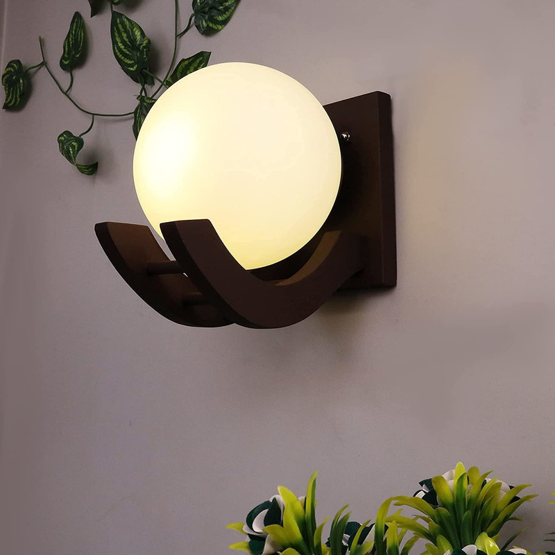 Virya Wooden Wall Light/Wall Globe Lamp For Bedroom, Living Room, Home Decor (Brown) Wall Lights Lamp Shade(Aluminium, Glass)