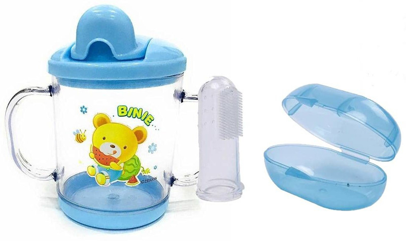 CHILD CHIC BPA Free Unbreakable Sippy Cup (Sipper Mugs for Kids/Babies/Infants) with Handles 200 ml and Baby Silicone Finger Toothbrush with case for Toddlers & Kid- Choose Your Color(Blue)