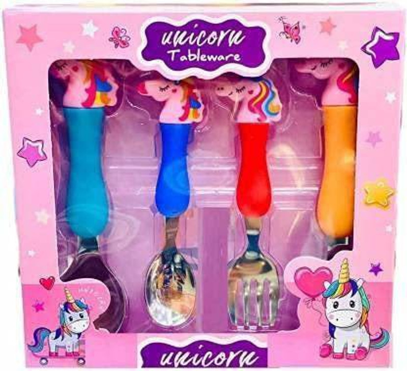 Reet Pack of 4 Stainless Steel Unicorn Tableware Set Cutlery Unicorn Spoon and Fork Set for Babies Set of 4 Includes 2 - plastic(Multicolor)