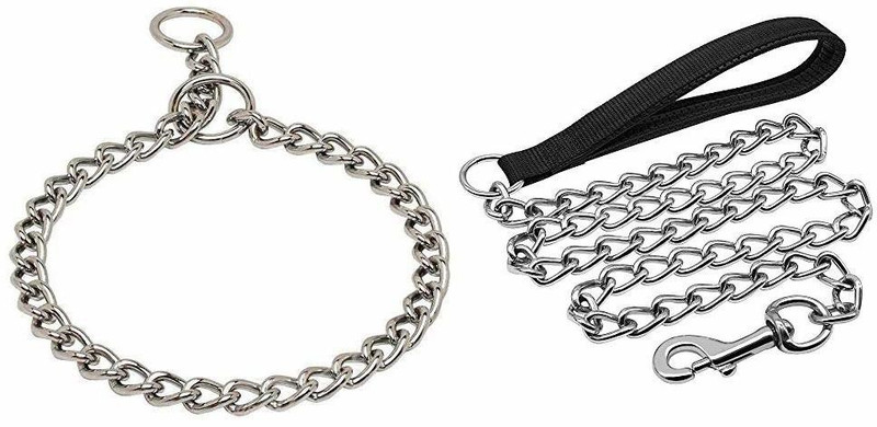 Rvpaws Combo Choke Collar and Handle Padded Leash Chain for Adult Dog of All Breeds. (Length 152cm) Plain Dog Collar Charm(Silver, Solid)