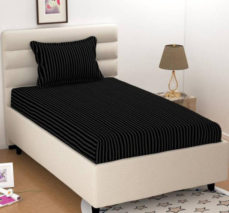 TYLORSTYLE Polycotton Single Flat 220 TC Striped 1 Bedsheet with 2 Pillow Covers(Black)