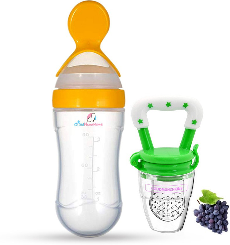 Goodmunchkins Silicon Food Feeder - Silicon Fruit Feeding Nipple for Baby Food Grade Silicon Container and Nipple BPA Free Combo Pack of 2  - Silicon Food Container & Nipple, Food Grade Plastic Caps(Yellow & Green)