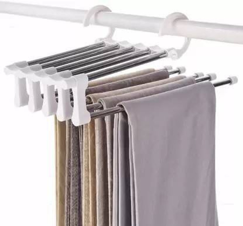 SEAHAVEN 5 In 1 Trousers Hanger - Foldable Pants Hanger For Jeans Trousers Adjustable Pack of 1 Steel Hanger (White, Silver) Pet Apparel Hanger
