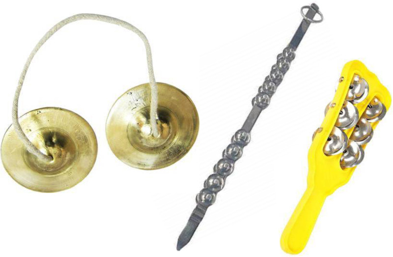 NEXTOMART Chimta (34 inch) Manjira (3.5 inch) Brass Plated Manjeera and Hand Cymbal Jhikka (10 inch) Musical Instrument Combo Set For Kirtan and Bhajan Kartal Instrument