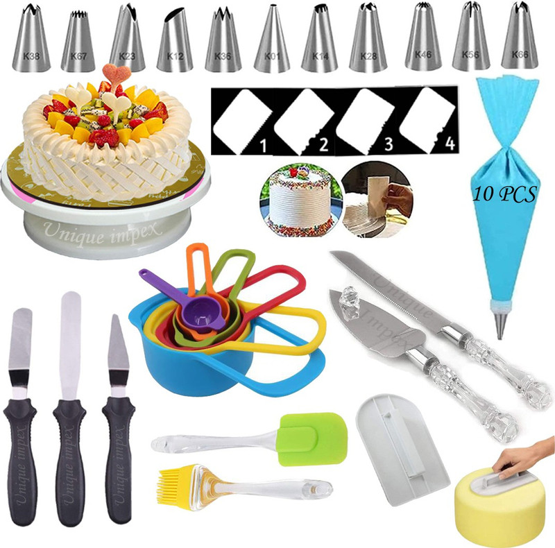 Unique Impex Cake Turntable + 12 Piece Cake Decorating Set with 1 Reusable & 10 Pcs Free disposable Piping Bag + 6 Pcs Multi-color Measuring Cups and Spoon + Silicone Spatula and Brush Set + 4 Pcs Scraper set + 3-in-1 Multi-Function Stainless Steel Cake Icing Spatula Knife Set + Cake Smoother + Stai