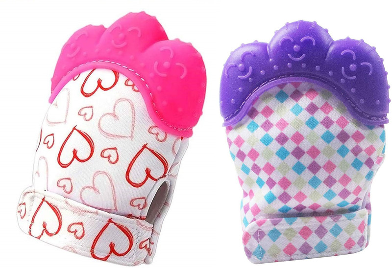 Little Warriors Self-Soothing, BPA-Free Soft Food-Grade Silicone Teether Handy Mitt Toy Baby Teething Mitten Gloves for Infants Baby Boys and Girls-PACK OF 2 Teether(Pink and Purple)