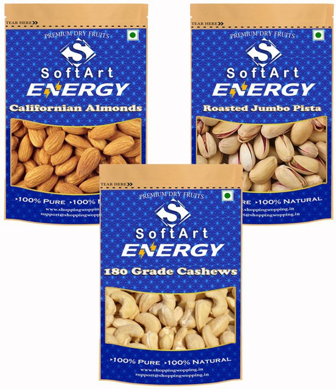 Soft Art Dry fruits combo of Californian Almonds,Jumbo Pista,180 Kaju (100g Each) Almonds, Pistachios, Cashews (3 x 100 g)