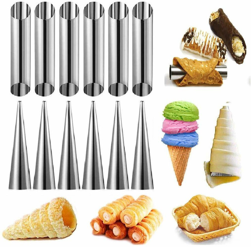 NIDY 6 Pcs DIY Non-Stick Stainless Steel Baking Cones Set. Spiral Horn Pastry Cream Roll Tubes/Cake Cone Mold/Cannoli Forms/Croissant Shell Metal Ice Cream Roll/Funnel Shape/Kitchen/Party Cream Roll Horn(12.5 cm Pack of 6)