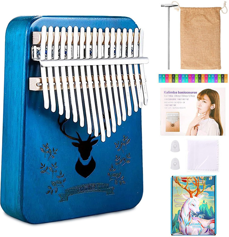 PATPAT Kalimba Thumb Piano 17 Keys,Blue Deer Mbira Finger Piano with Learning Book, Tune Hammer,Cloth Bag, Sticker, Bilingual Instruction,Finger Covers,Best Gifts for Kids and Adults Beginners(Blue)