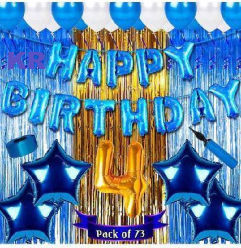 KR Boy girl & kids Fourth/4th happy birthday Decoration combo/kit Happy Birthday Blue foil balloon pack material party decorations(Pack of 73)(Set of 73)