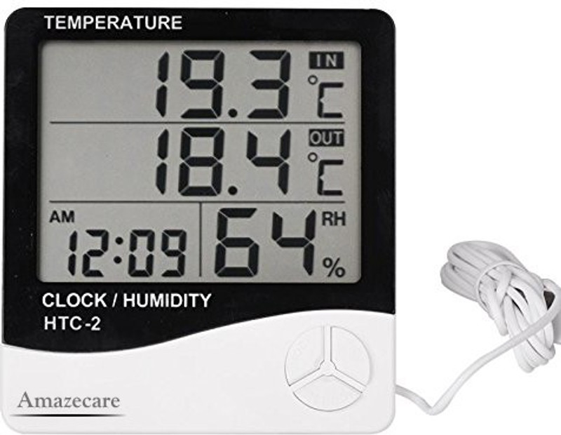 AMAZECARE HTC-2 Hygrometer Electronic Thermo Hygro with External Sensing Probe Humidity Meter Tester + Temperature Meter + Alarm Clock + Time with Pin-Type Digital Moisture Measurer All-in-One Digital Moisture Measurer(40 mm)