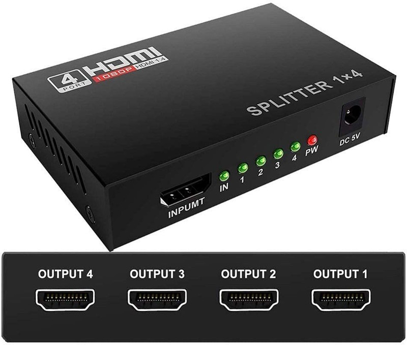 microware  TV-out Cable 1x4 HDMI Splitter 4 Ports, HDMI Splitter 1 in 4 Out, Supports 3D 4K x 2K @30HZ FHD 1080P Supports 4 TV's Or Multi Monitors Adapter at Same Time(Black, For TV)