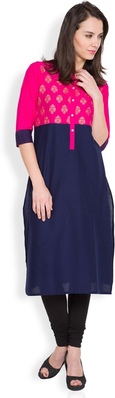 Vishudh Women Solid Straight Kurta(Dark Blue, Pink)