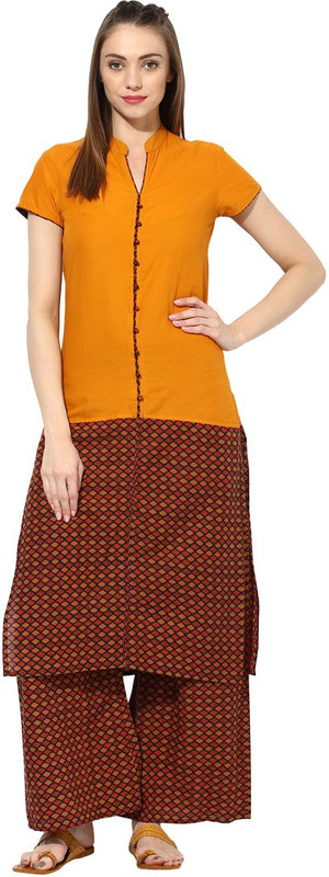 Aks Women Textured Straight Kurta(Yellow)