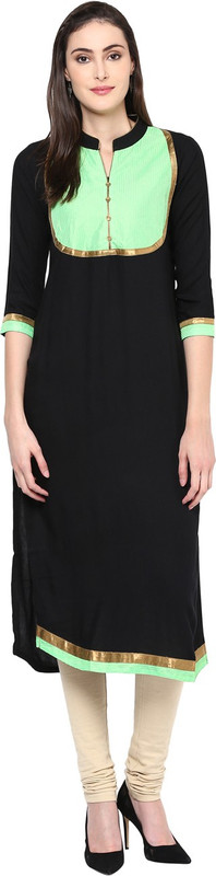 Libas Women Colorblock Straight Kurta(Green, Black)