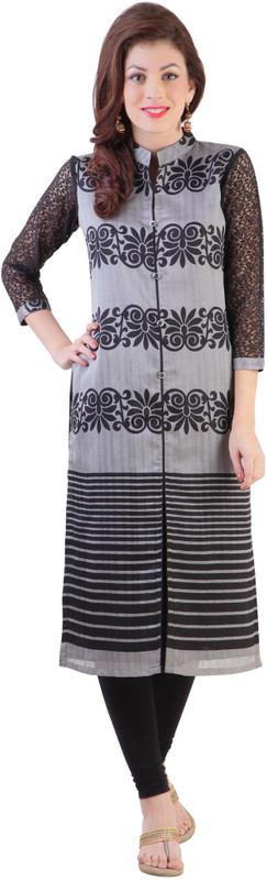 Libas Women Printed Straight Kurta(Black, Grey)