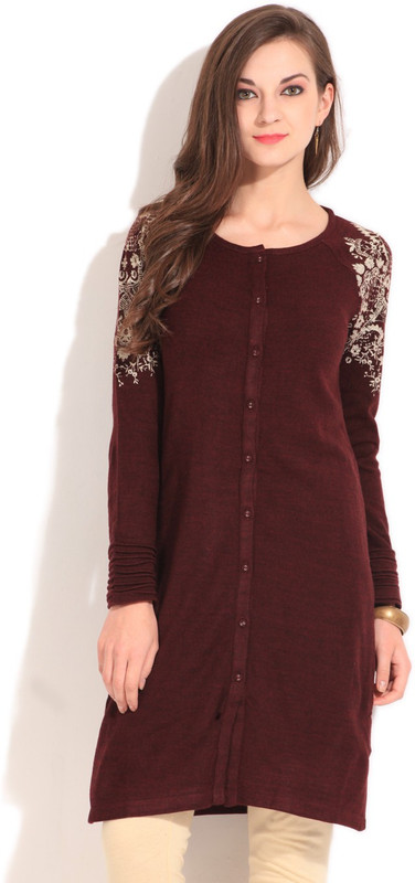 W Women Solid Straight Kurta(Maroon)
