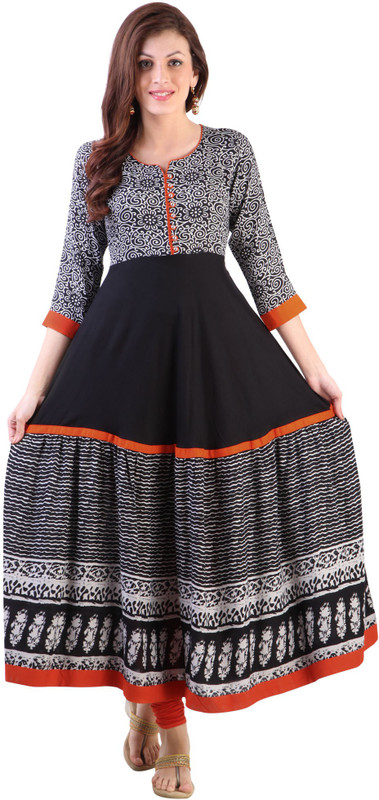 Libas Women Printed A-line Kurta(Black)