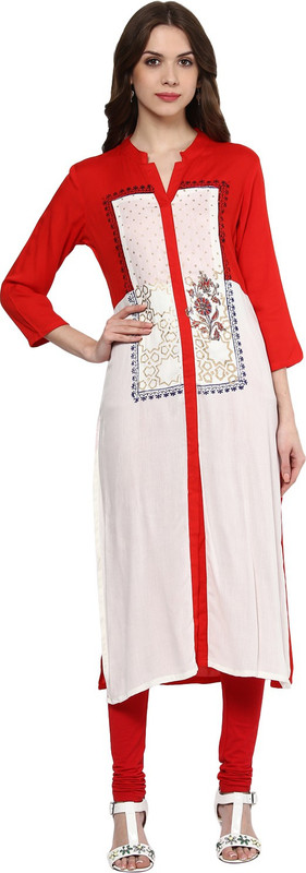 Shakumbhari Women Geometric Print Straight Kurta(Red, White, Gold)