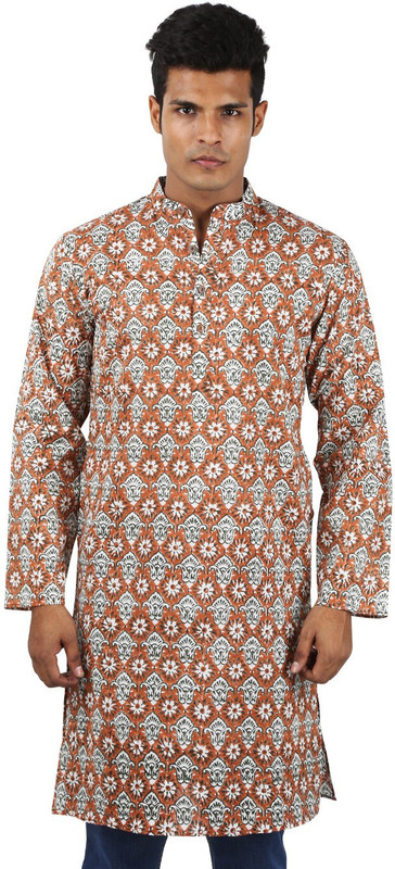 Rajrang Men Floral Print Straight Kurta(Brown)