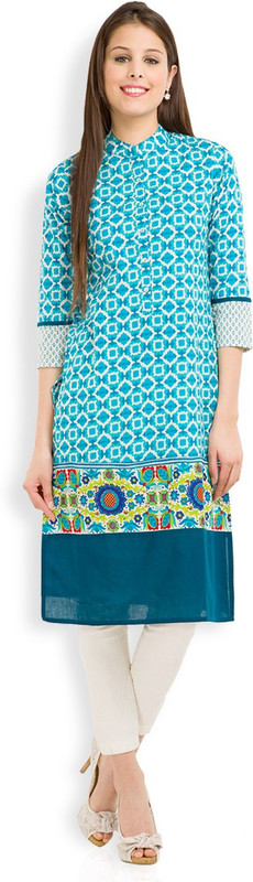 Vishudh Women Printed Straight Kurta(Blue, Beige)