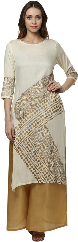 Shakumbhari Women Geometric Print Straight Kurta(White, Gold)
