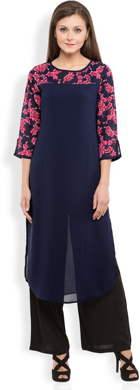 Vishudh Women Floral Print Straight Kurta(Dark Blue, Pink)