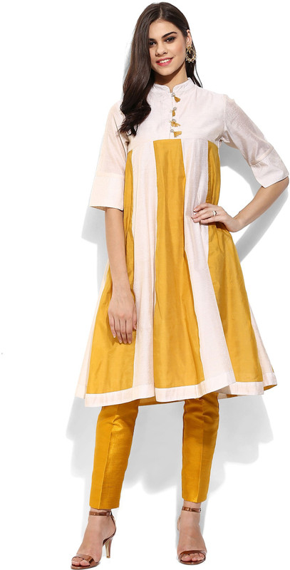 Sassafras Women Solid Flared Kurta(White, Gold)