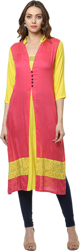 Shakumbhari Women Colorblock Frontslit Kurta(Pink)