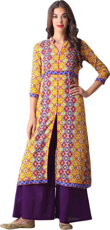 Gerua Women Printed A-line Kurta(Yellow)
