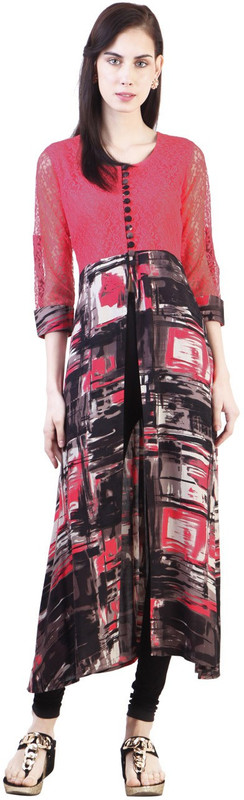 Libas Women Printed Cape Top Kurta(Black, Pink)