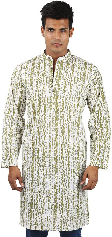 Rajrang Men Abstract Straight Kurta(White, Light Green)
