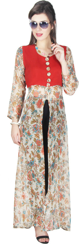 Crease & Clips Women Floral Print Straight Kurta(Red)