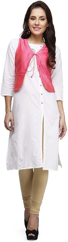 PRINTEMPS Casual Solid Women Kurti(White, Pink)