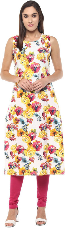 Raindrops Casual Floral Print Women Kurti(White)