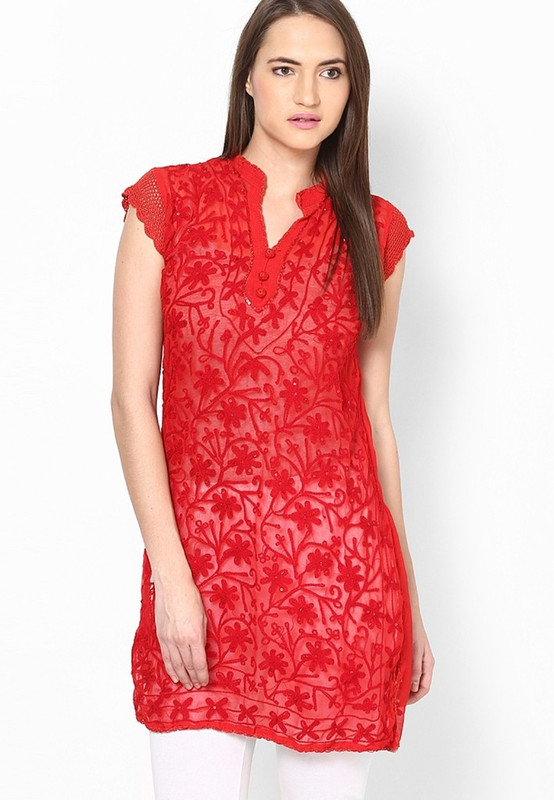 Pop Cherry Casual Embroidered Women Kurti(Red)