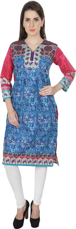 Global Fusion Casual Printed Women Kurti(Blue)