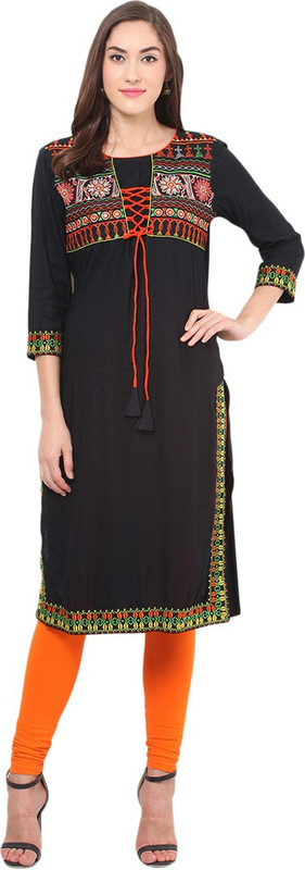 Tami Casual Embroidered Women Kurti(Black)