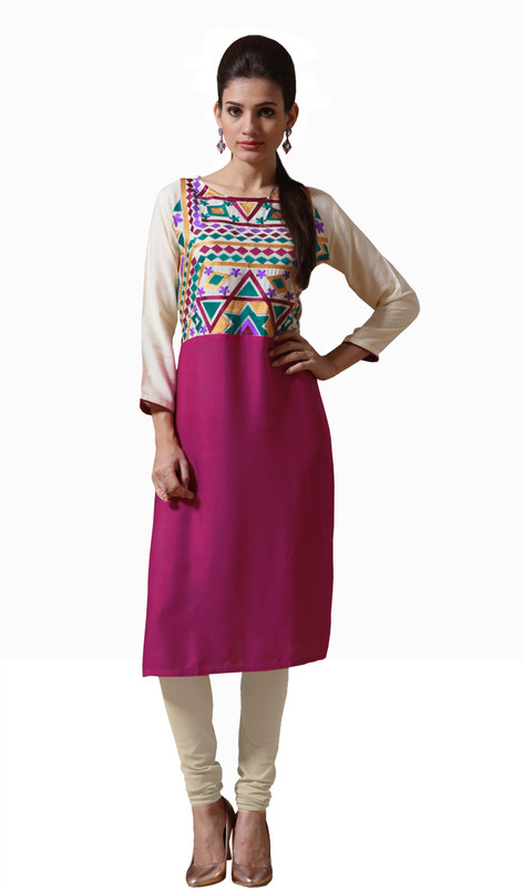 Jiya Casual Self Design, Embroidered Women Kurti(Pink, Beige)