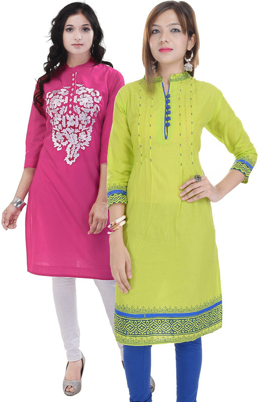 Crazora Casual Solid Women Kurti(Pack of 2, Green, Pink)