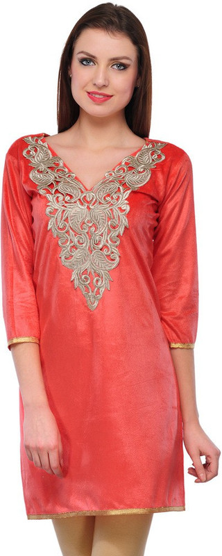Pop Cherry Casual Embroidered Women Kurti(Pink)