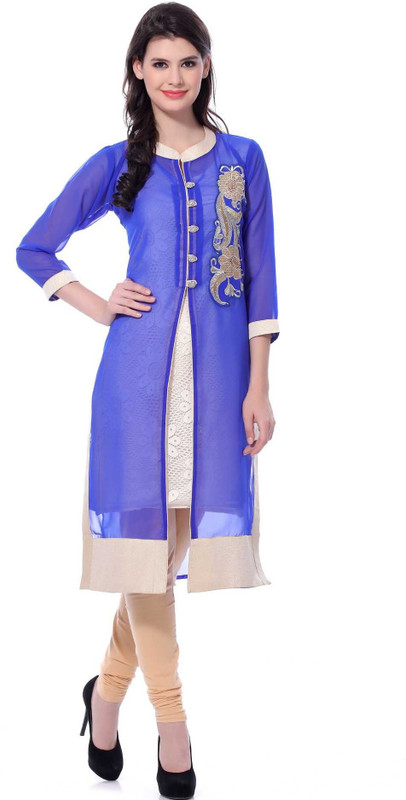 Illahi Women Self Design, Embroidered Straight Kurta(White, Blue)