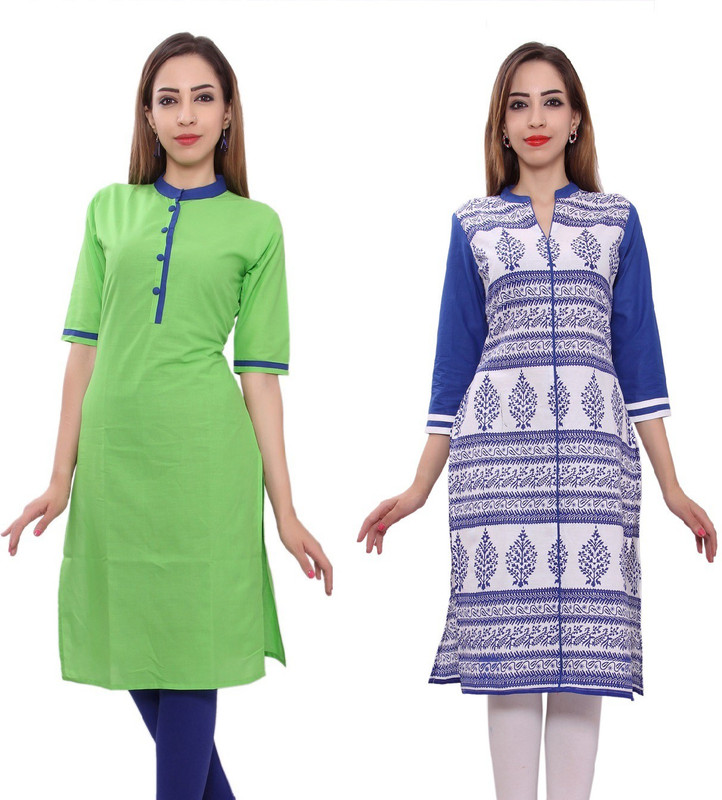 Stylum Casual Embroidered Women Kurti(Pack of 2, Green, White, Blue, Beige)