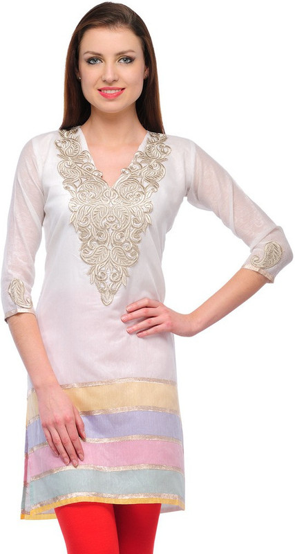 Pop Cherry Casual Embroidered Women Kurti(Silver, White)