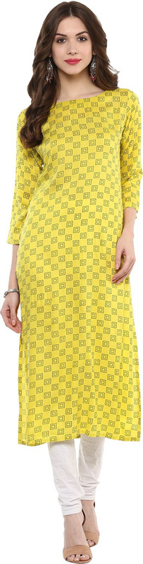 IVES Casual Printed Women Kurti(Black, Yellow)