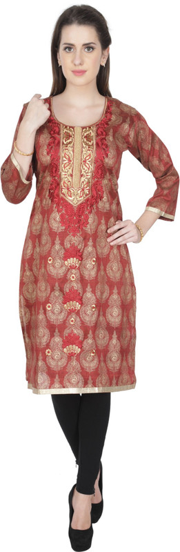 Global Fusion Casual Embroidered Women Kurti(Maroon)