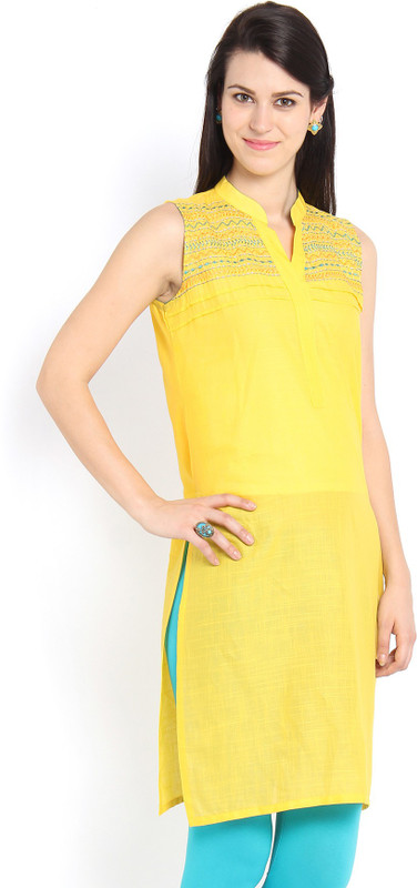 Soch Casual Embroidered Women Kurti(Yellow)