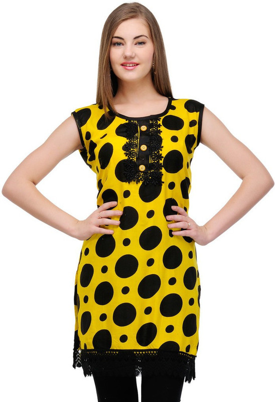 Pop Cherry Casual Embroidered Women Kurti(Black, Yellow)