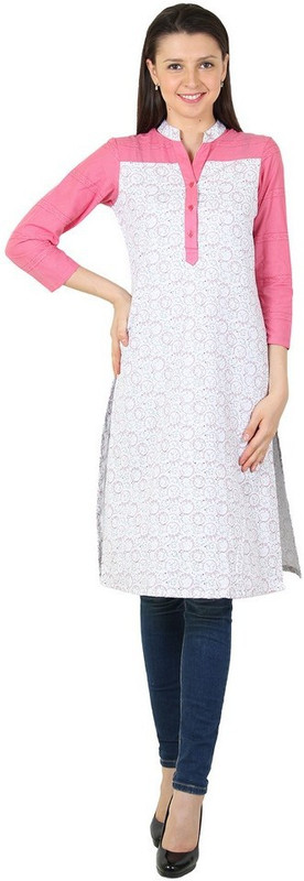 Sritika Formal Solid Women Kurti(White, Pink)
