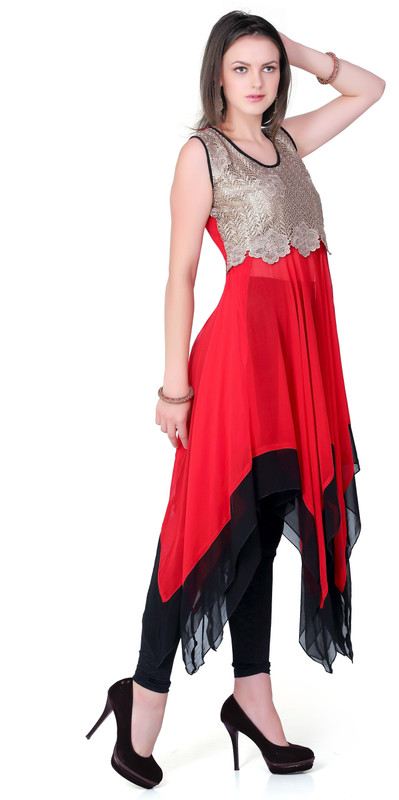farry Festive & Party Embellished Women Kurti(Red, Gold)